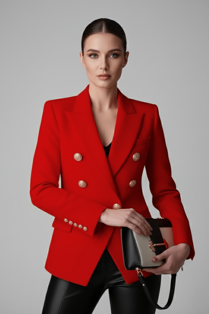 Women’s Structured Double-Breasted Blazer with Gold-Tone Buttons Red