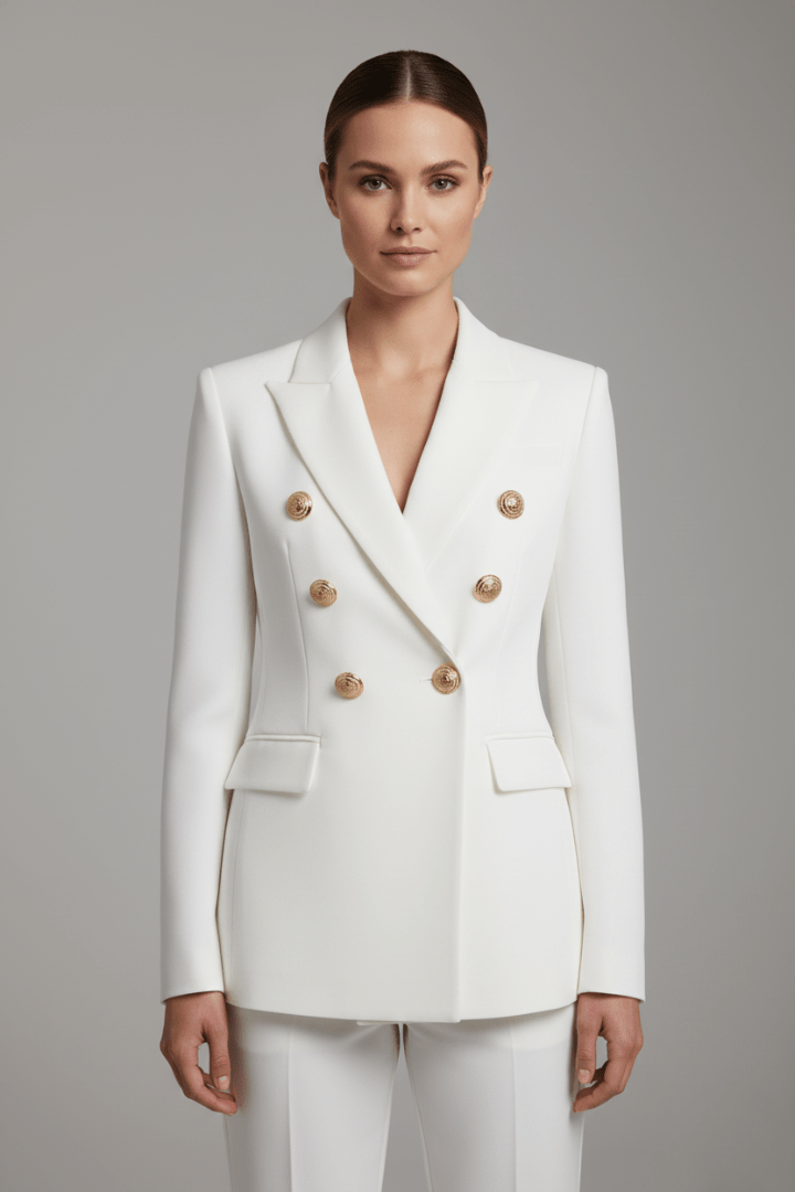 Women’s Structured Double-Breasted Blazer with Gold-Tone Buttons White