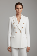 Women’s Structured Double-Breasted Blazer with Gold-Tone Buttons White