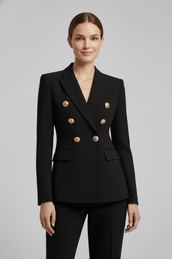 Women’s Structured Double-Breasted Blazer with Gold-Tone Buttons