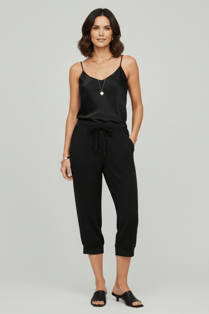 Women’s Relaxed Capri Trousers with Drawstring Waist and Pockets Black