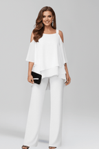 Women’s Cold-Shoulder Flowing Wide-Leg Jumpsuit White