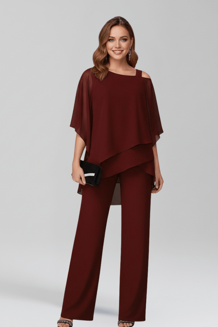 Women’s Cold-Shoulder Flowing Wide-Leg Jumpsuit Burgundy