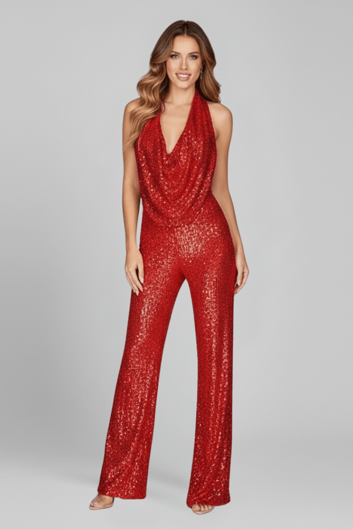 Women’s Textured Wide-Leg Jumpsuit with Halter Neckline Red