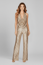 Women’s Textured Wide-Leg Jumpsuit with Halter Neckline Champagne
