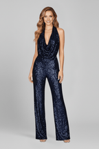 Women’s Textured Wide-Leg Jumpsuit with Halter Neckline Navy Blue
