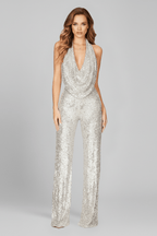 Women’s Textured Wide-Leg Jumpsuit with Halter Neckline Silver
