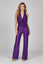 Women’s Textured Wide-Leg Jumpsuit with Halter Neckline Purple