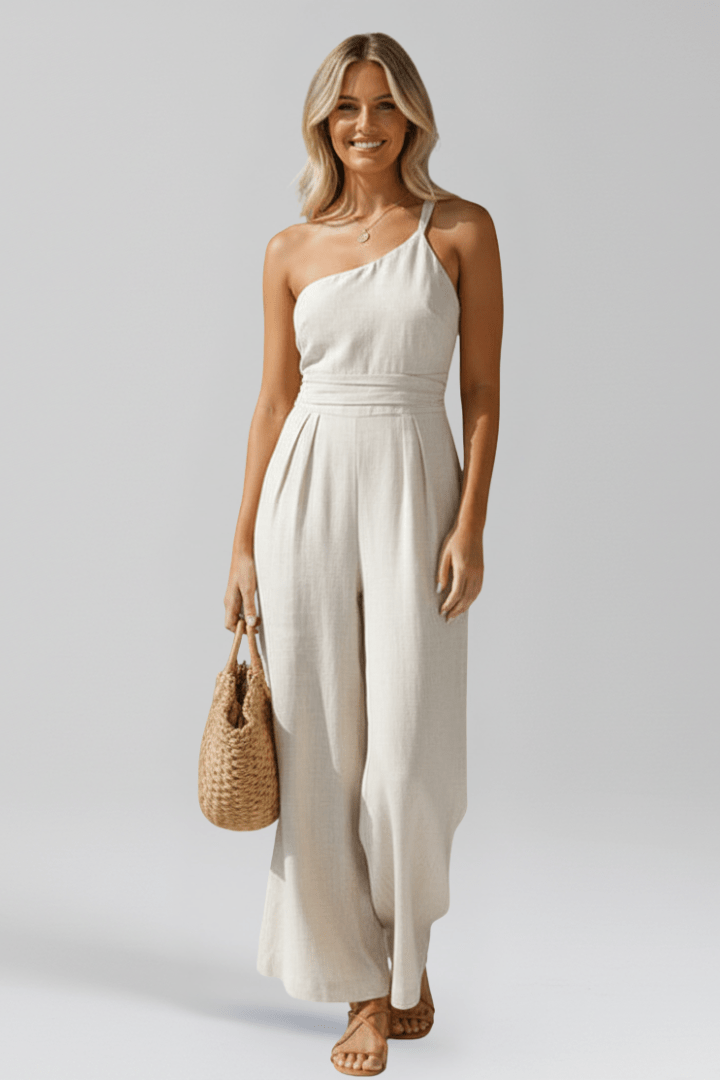 Women’s Elegant One-Shoulder Wide-Leg Jumpsuit Beige