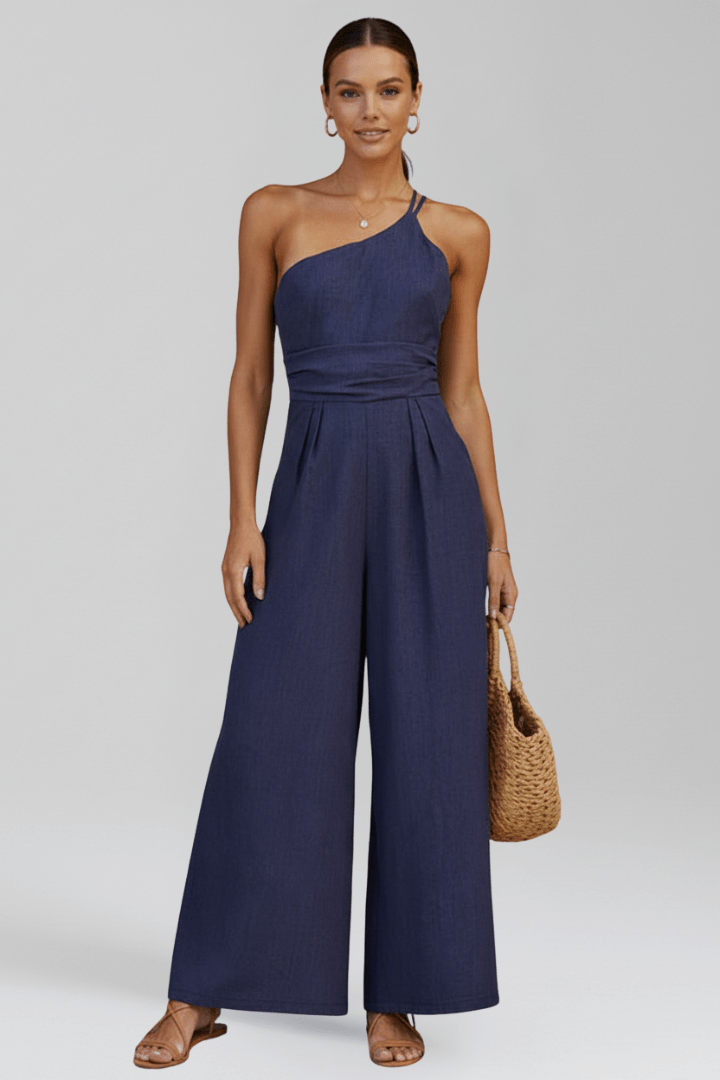 Women’s Elegant One-Shoulder Wide-Leg Jumpsuit Blue