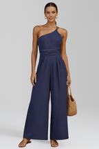 Women’s Elegant One-Shoulder Wide-Leg Jumpsuit Blue
