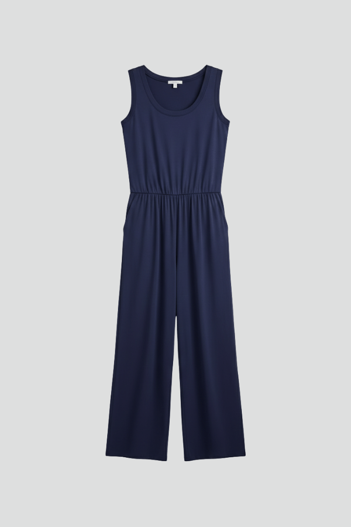 Women’s Round-Neck Wide-Leg Jumpsuit with Elastic Waist