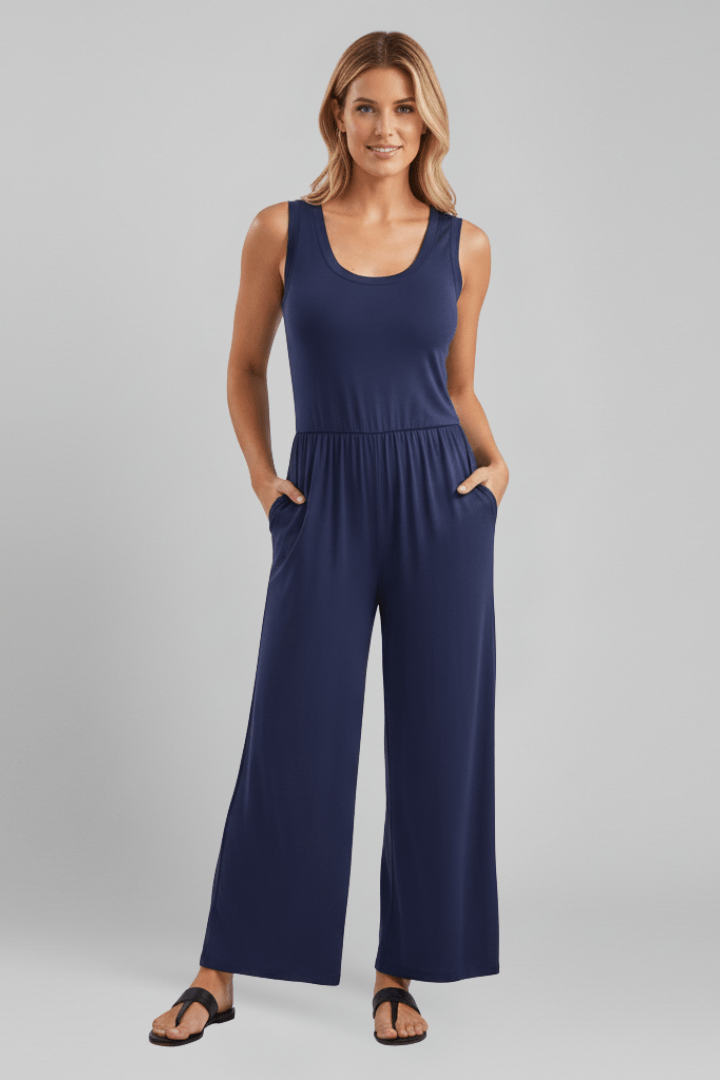 Women’s Round-Neck Wide-Leg Jumpsuit with Elastic Waist Dark Blue