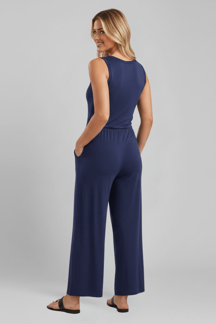Women’s Round-Neck Wide-Leg Jumpsuit with Elastic Waist