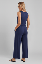 Women’s Round-Neck Wide-Leg Jumpsuit with Elastic Waist