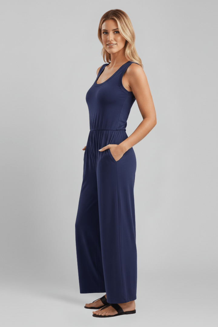 Women’s Round-Neck Wide-Leg Jumpsuit with Elastic Waist