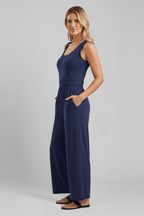 Women’s Round-Neck Wide-Leg Jumpsuit with Elastic Waist