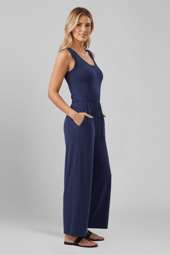 Women’s Round-Neck Wide-Leg Jumpsuit with Elastic Waist