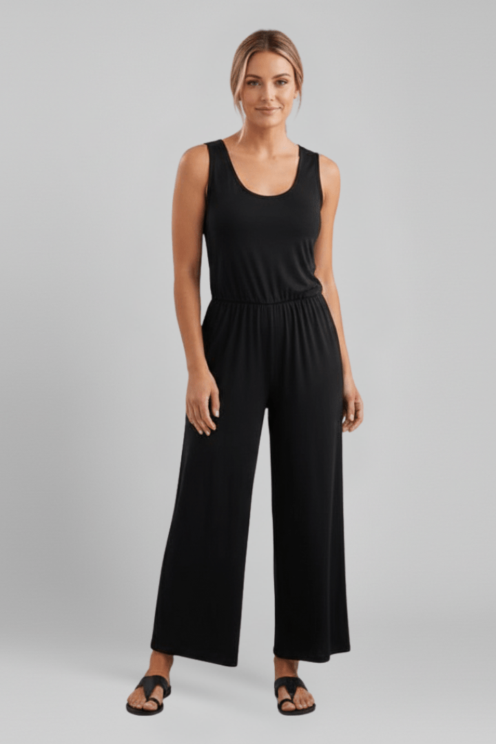 Women’s Round-Neck Wide-Leg Jumpsuit with Elastic Waist Black 3XL