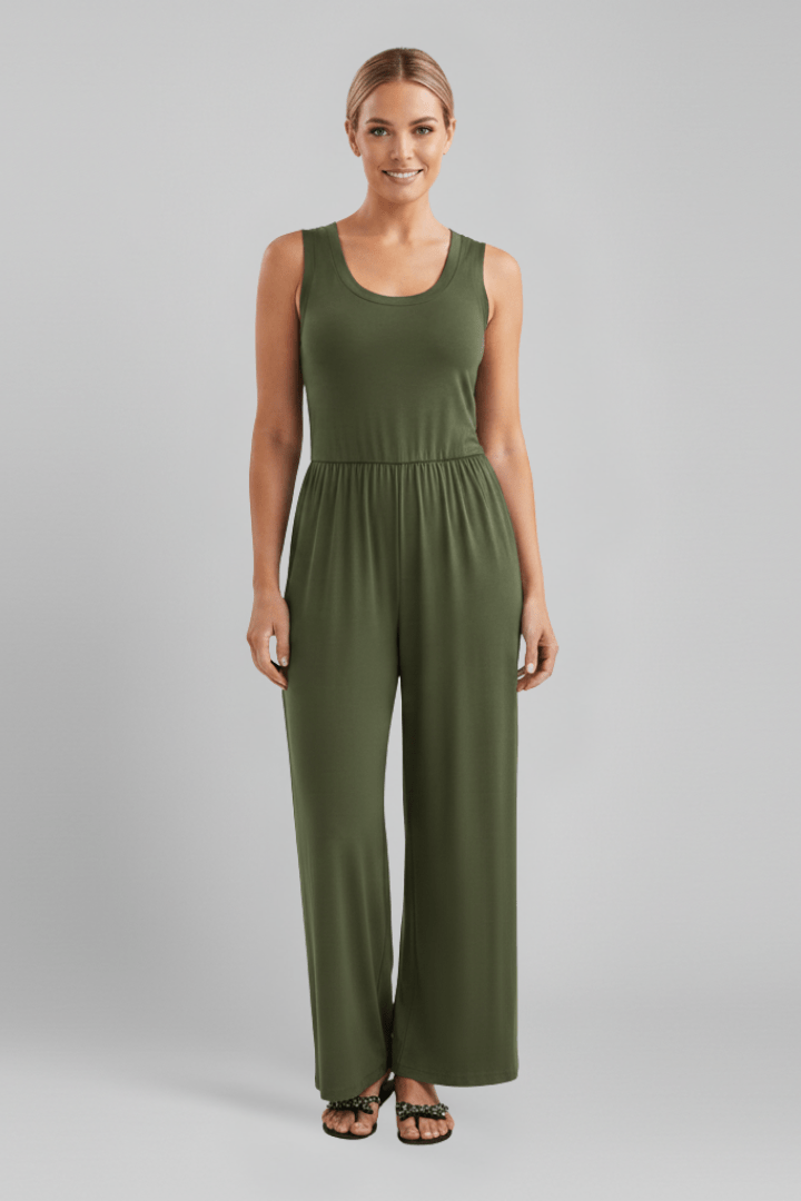 Women’s Round-Neck Wide-Leg Jumpsuit with Elastic Waist Olive Green