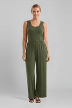 Women’s Round-Neck Wide-Leg Jumpsuit with Elastic Waist Olive Green