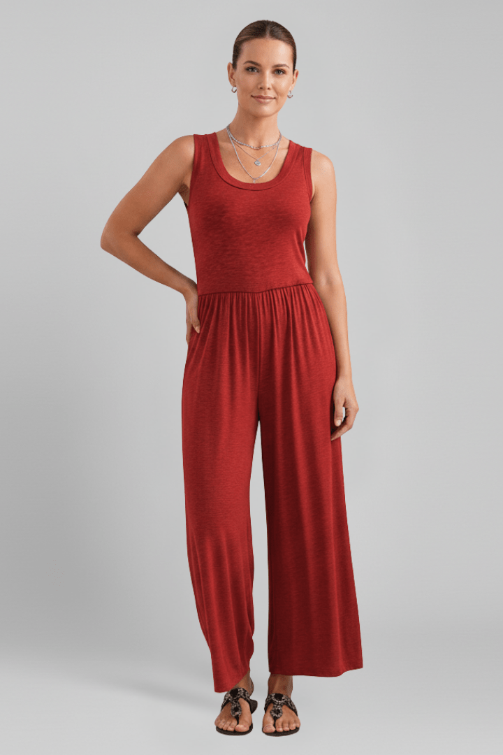Women’s Round-Neck Wide-Leg Jumpsuit with Elastic Waist Red