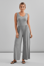 Women’s Round-Neck Wide-Leg Jumpsuit with Elastic Waist Grey