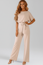 Women’s Elegant Tie-Belt Wide-Leg Classic Jumpsuit Apricot