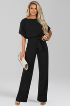 Women’s Elegant Tie-Belt Wide-Leg Classic Jumpsuit Black