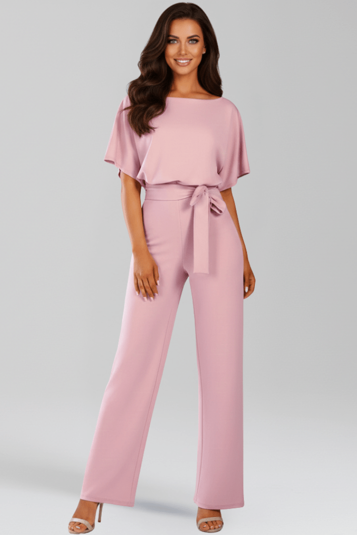 Women’s Elegant Tie-Belt Wide-Leg Classic Jumpsuit Pink