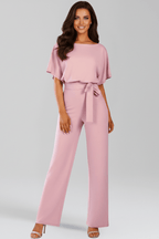 Women’s Elegant Tie-Belt Wide-Leg Classic Jumpsuit Pink