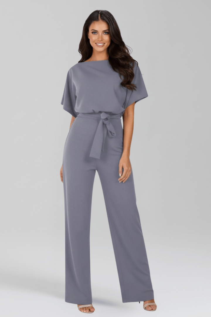 Women’s Elegant Tie-Belt Wide-Leg Classic Jumpsuit Grey