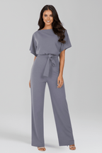 Women’s Elegant Tie-Belt Wide-Leg Classic Jumpsuit Grey