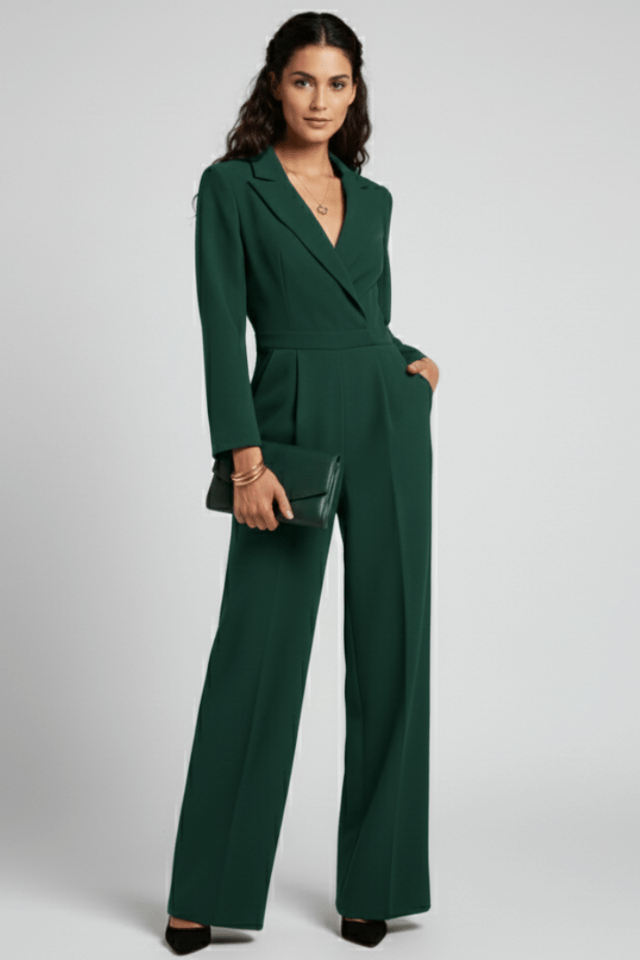 Women’s Elegant Wrap-Front Wide-Leg Jumpsuit Green