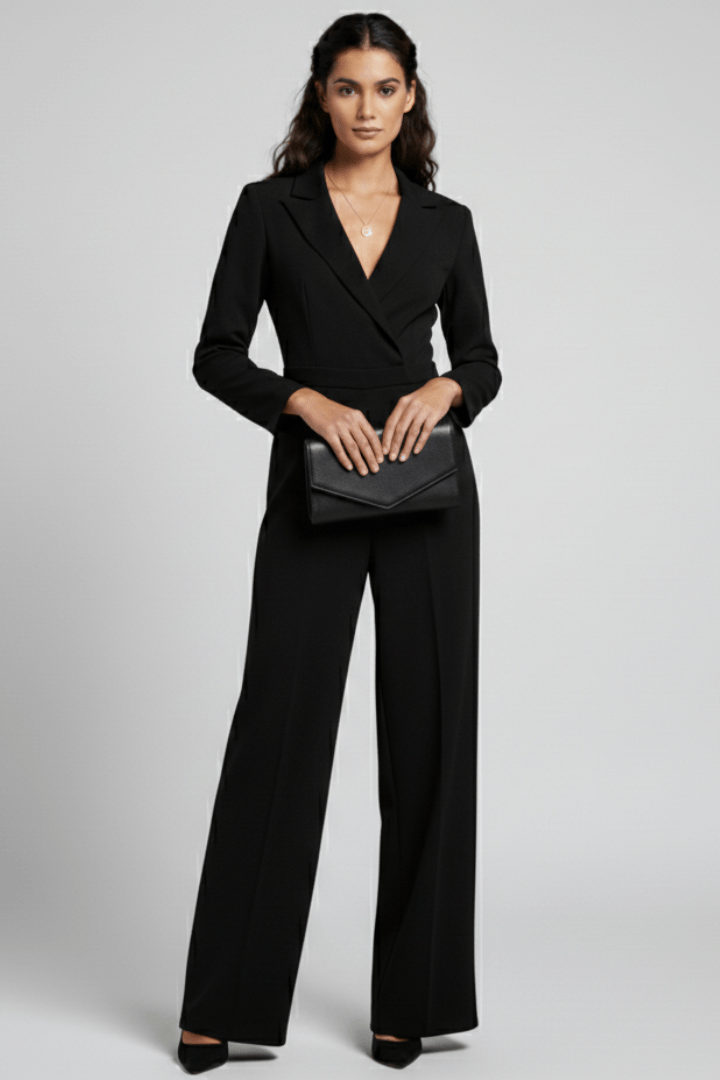 Women’s Elegant Wrap-Front Wide-Leg Jumpsuit Black