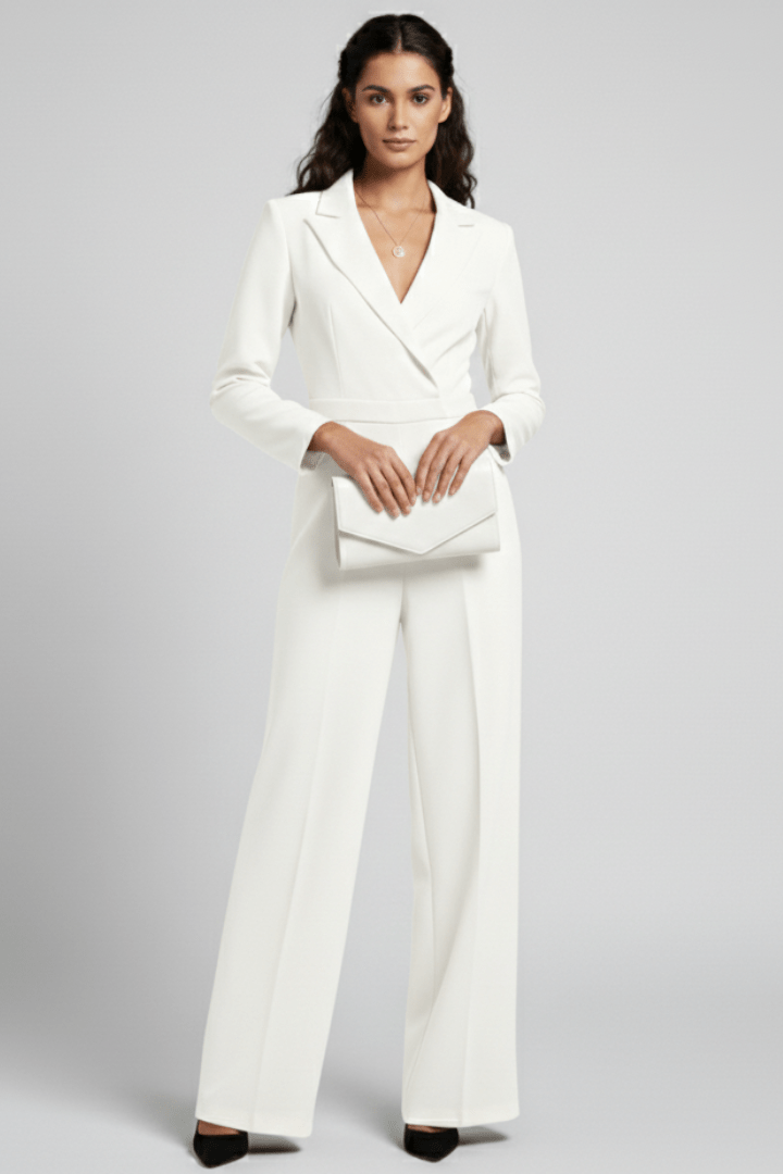 Women’s Elegant Wrap-Front Wide-Leg Jumpsuit White