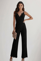 Women’s Elegant Lace V-Neck Wide-Leg Jumpsuit – Summer Ready Style Black