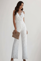 Women’s Elegant Lace V-Neck Wide-Leg Jumpsuit – Summer Ready Style