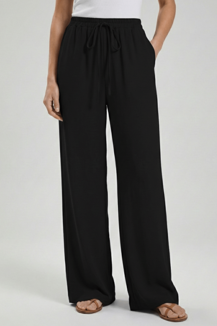 Women’s Flowing Palazzo Trousers with Drawstring Waist and Pockets Black