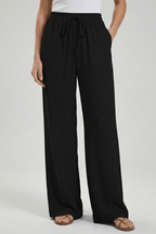 Women’s Flowing Palazzo Trousers with Drawstring Waist and Pockets Black