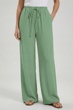 Women’s Flowing Palazzo Trousers with Drawstring Waist and Pockets Bean Green