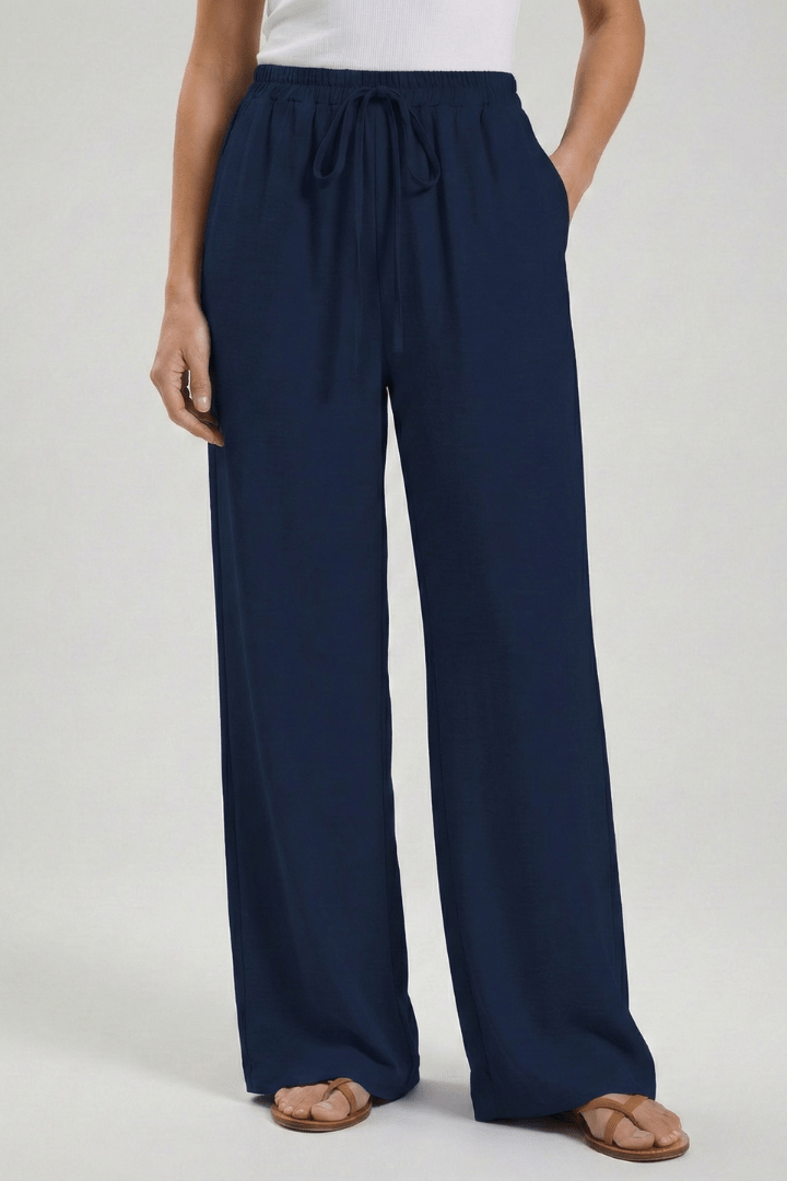Women’s Flowing Palazzo Trousers with Drawstring Waist and Pockets Dark Blue