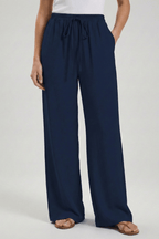 Women’s Flowing Palazzo Trousers with Drawstring Waist and Pockets Dark Blue