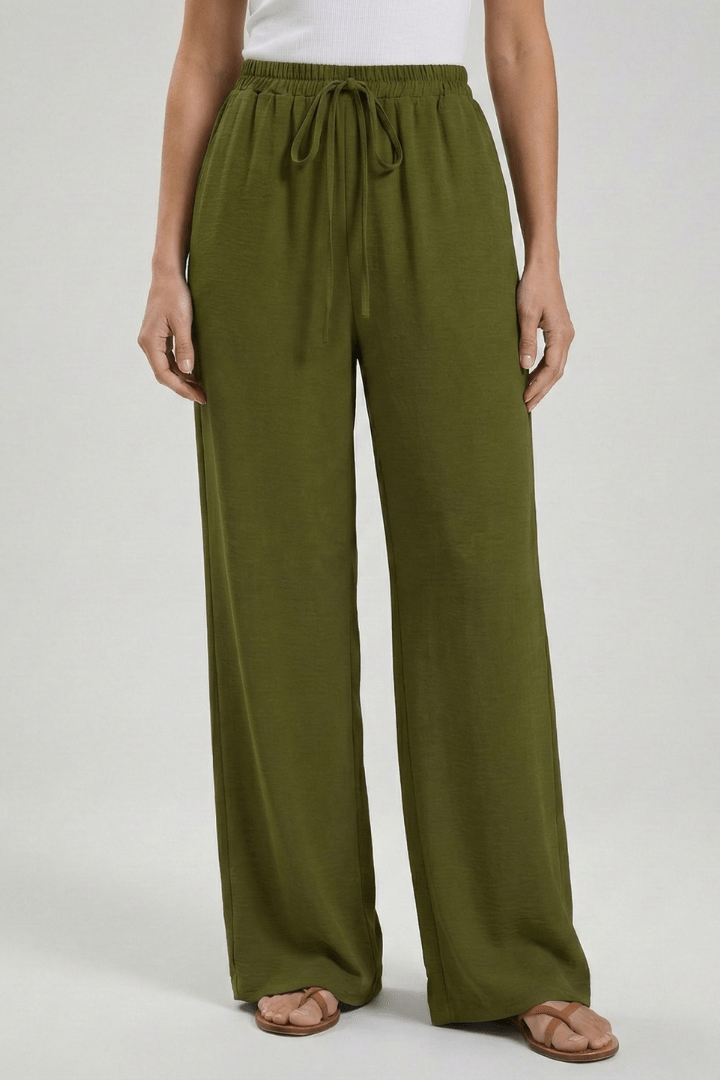 Women’s Flowing Palazzo Trousers with Drawstring Waist and Pockets Olive Green