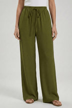 Women’s Flowing Palazzo Trousers with Drawstring Waist and Pockets Olive Green