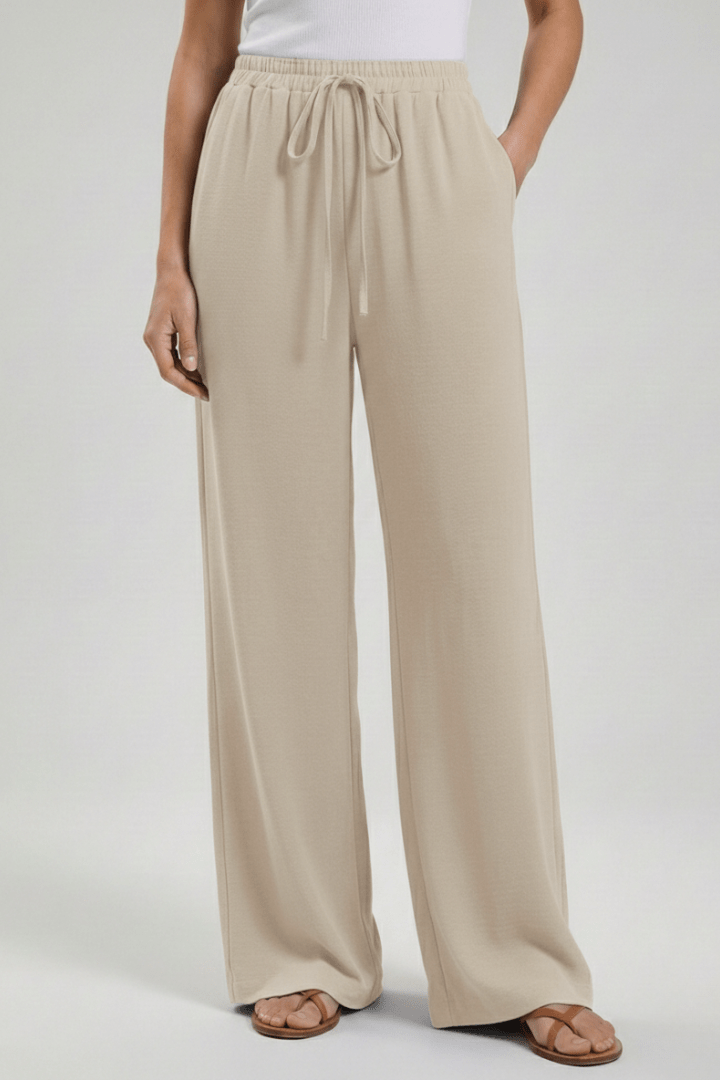 Women’s Flowing Palazzo Trousers with Drawstring Waist and Pockets Beige