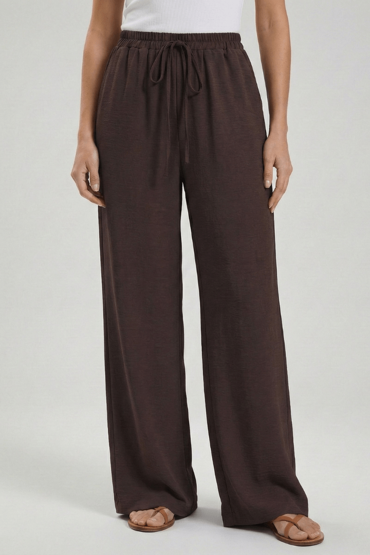 Women’s Flowing Palazzo Trousers with Drawstring Waist and Pockets Dark Brown