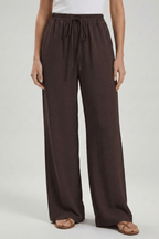 Women’s Flowing Palazzo Trousers with Drawstring Waist and Pockets Dark Brown