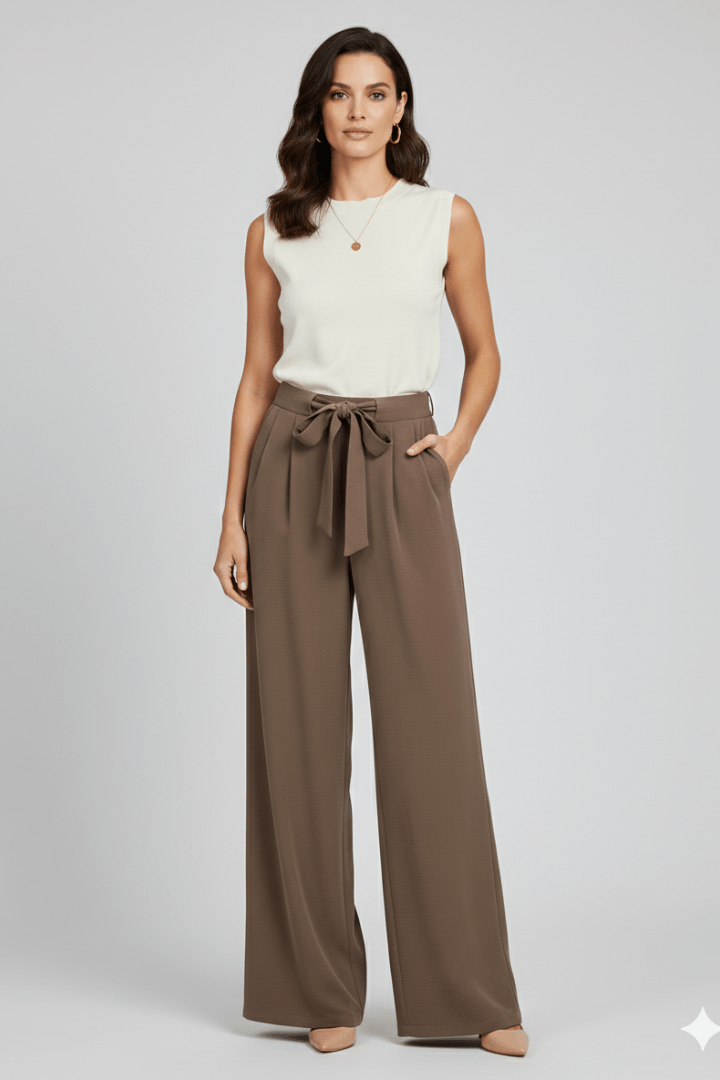 Women’s Wide-Leg Drawstring Waist Palazzo Trousers – Relaxed Summer Style Brown