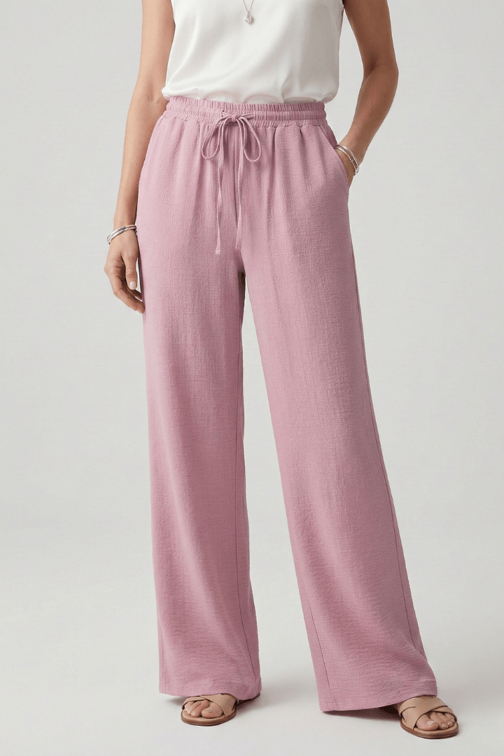 Women’s Relaxed Casual Palazzo Trousers with Drawstring Waist Pink